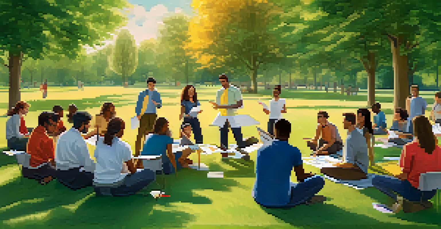 A diverse group of individuals in a sunny park participating in a workshop focused on soft skills, engaged in discussions and teamwork activities.