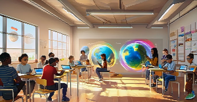 A lively classroom with students of different backgrounds using tablets and smartphones for collaborative learning, with bright sunlight illuminating the room.