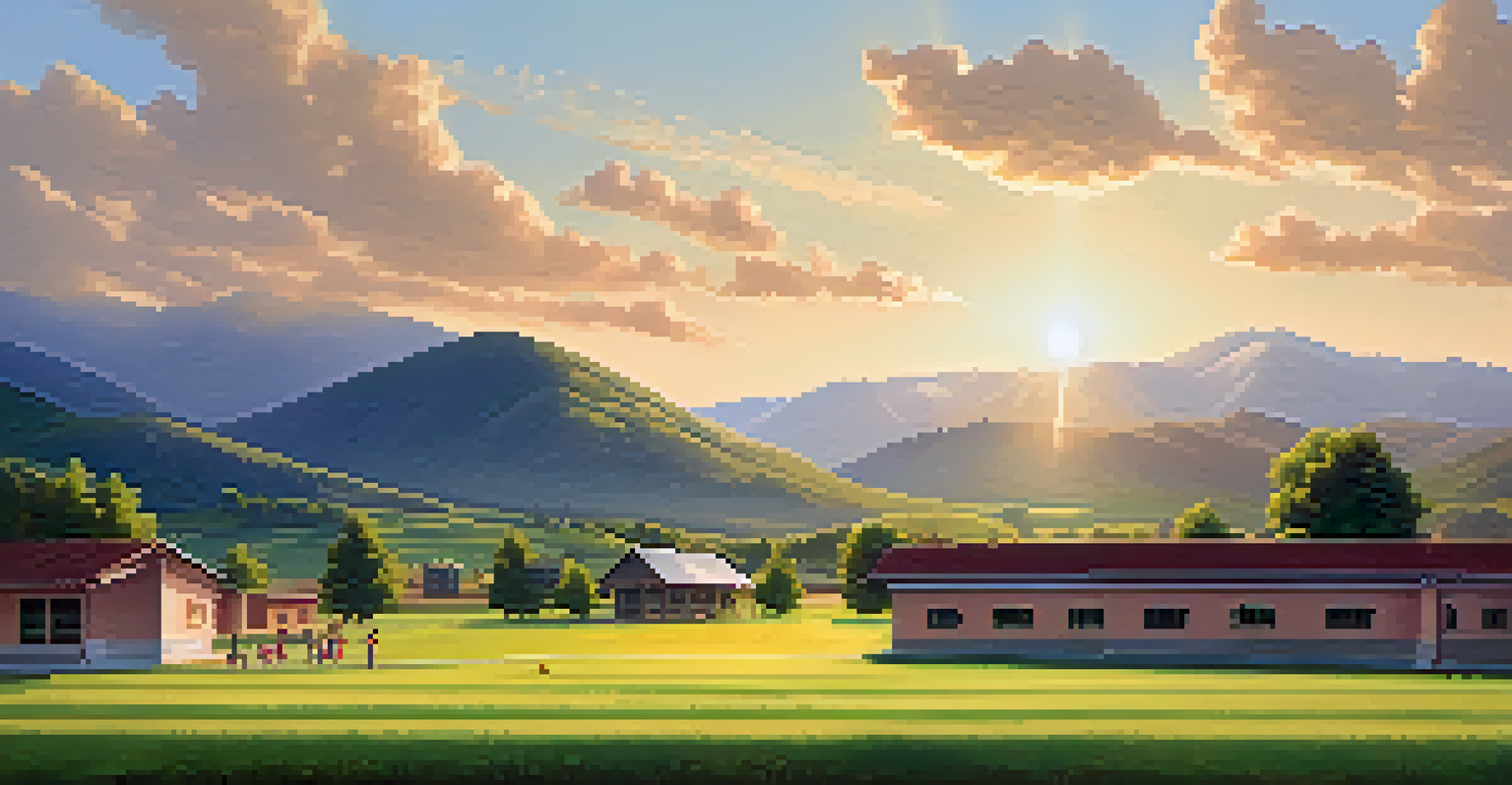 A rural school surrounded by nature, with children playing outside, representing the significance of education in remote locations.