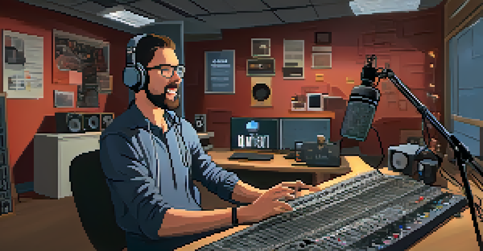 An educator in a small recording studio speaking into a microphone, surrounded by audio equipment, notes, and warm lighting, showcasing a modern design.