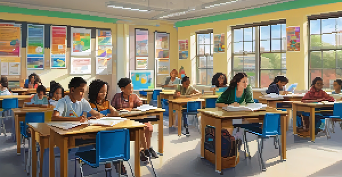 A lively classroom with diverse students working together on a project, under bright natural light, with educational materials around them.