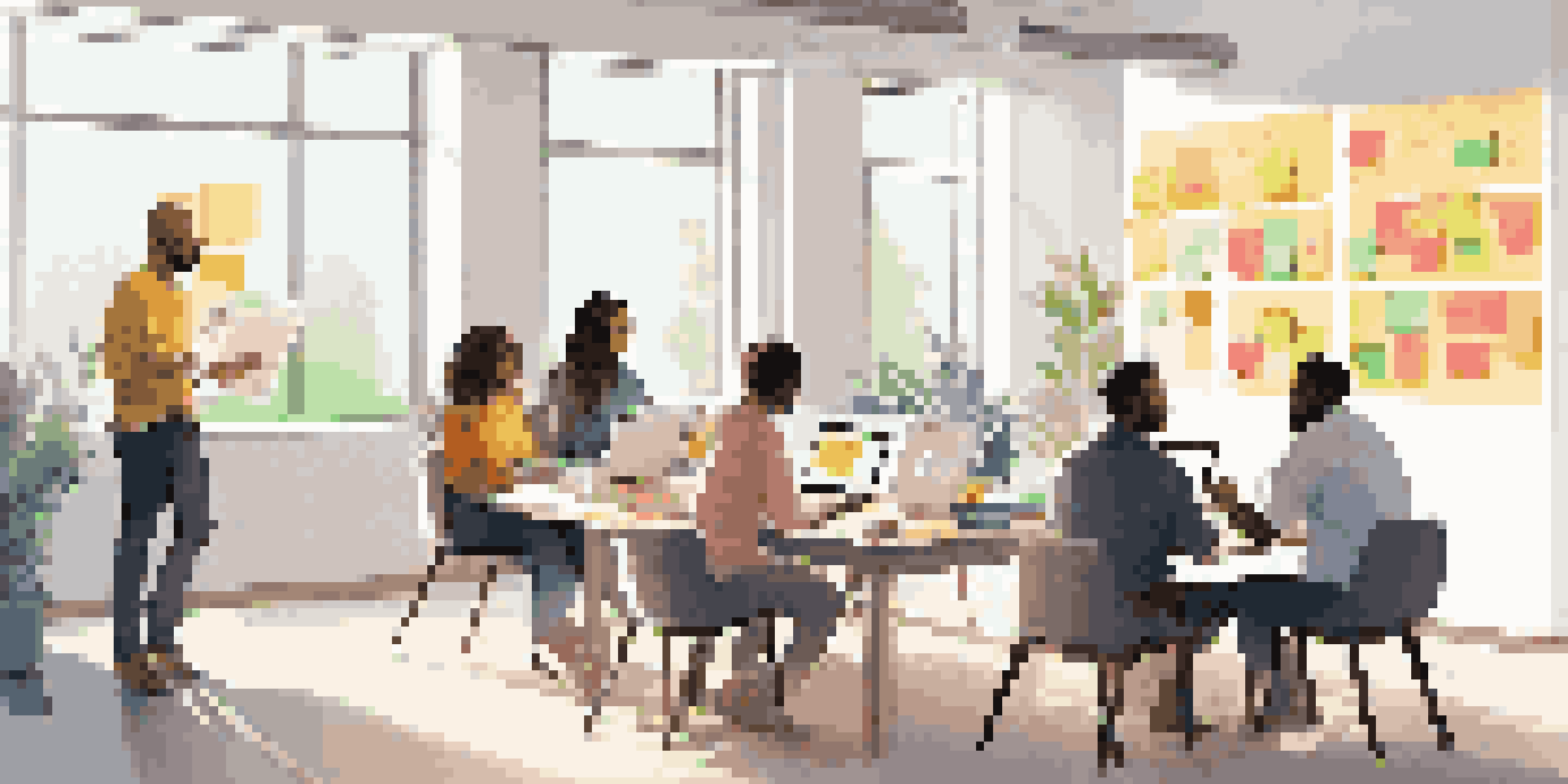 A diverse group of people collaborating in a bright, open workspace, sharing ideas with colorful sticky notes and diagrams on a whiteboard.