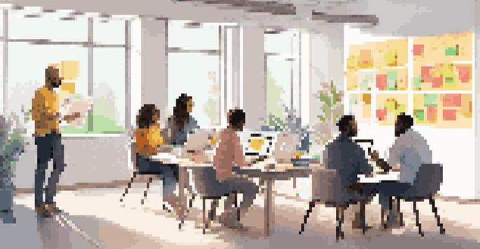 A diverse group of people collaborating in a bright, open workspace, sharing ideas with colorful sticky notes and diagrams on a whiteboard.