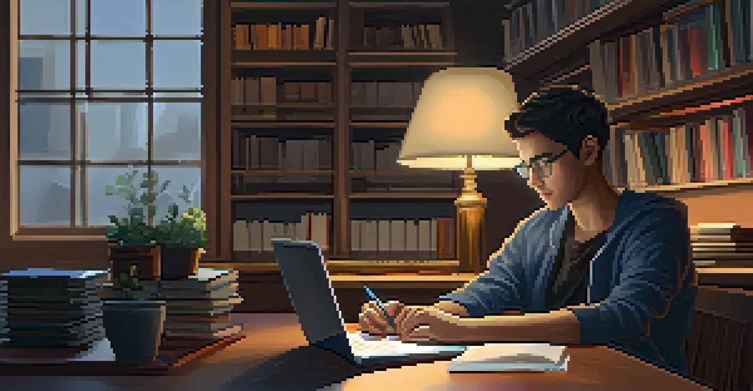 A student studying at home while watching an educational video on a laptop, with notes and a coffee cup nearby.