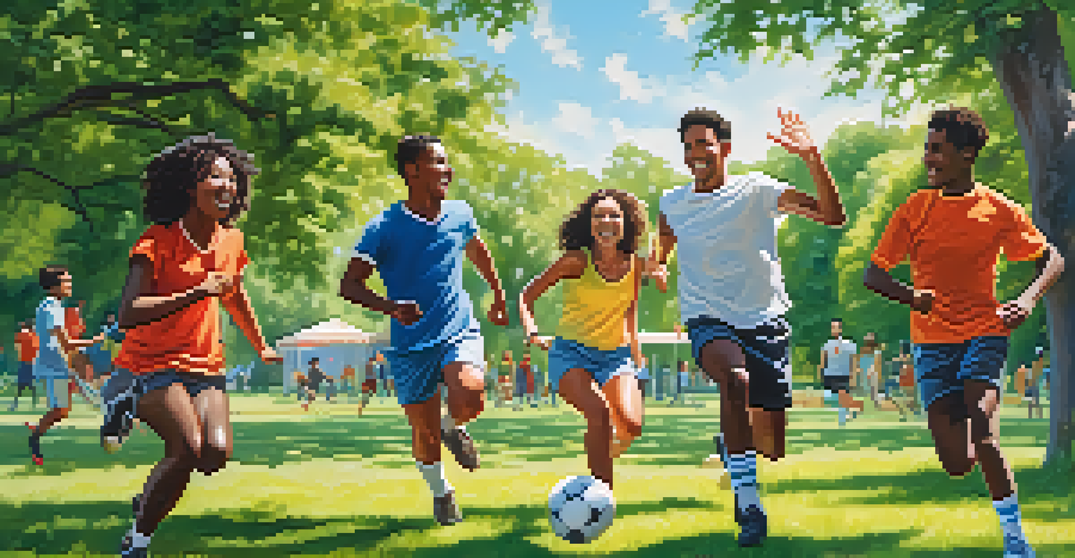 A group of friends playing soccer in a sunny park, showcasing happiness and teamwork.