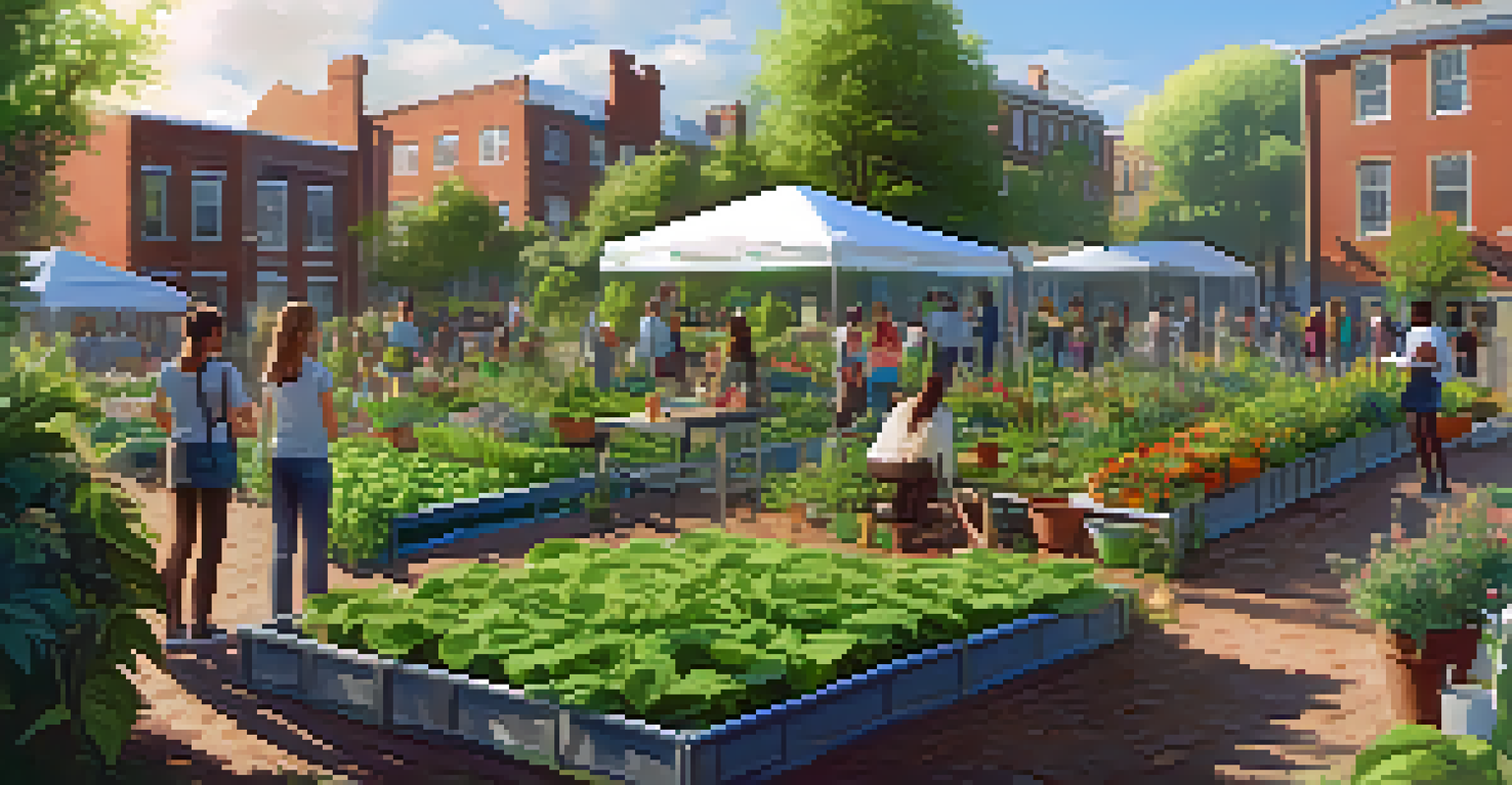 Students engaging in gardening activities, studying plants and soil in a vibrant outdoor community garden.