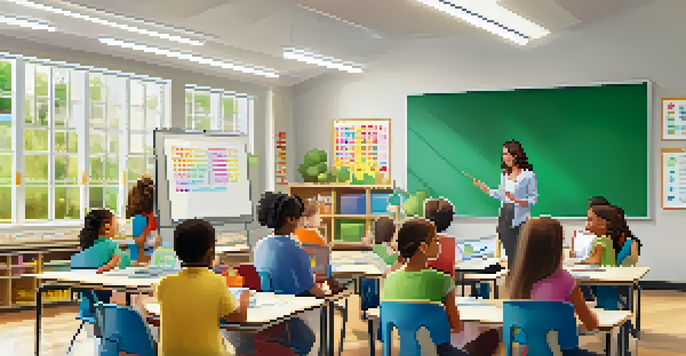 A classroom where a teacher is explaining blended learning to attentive parents, with educational posters and technology present.