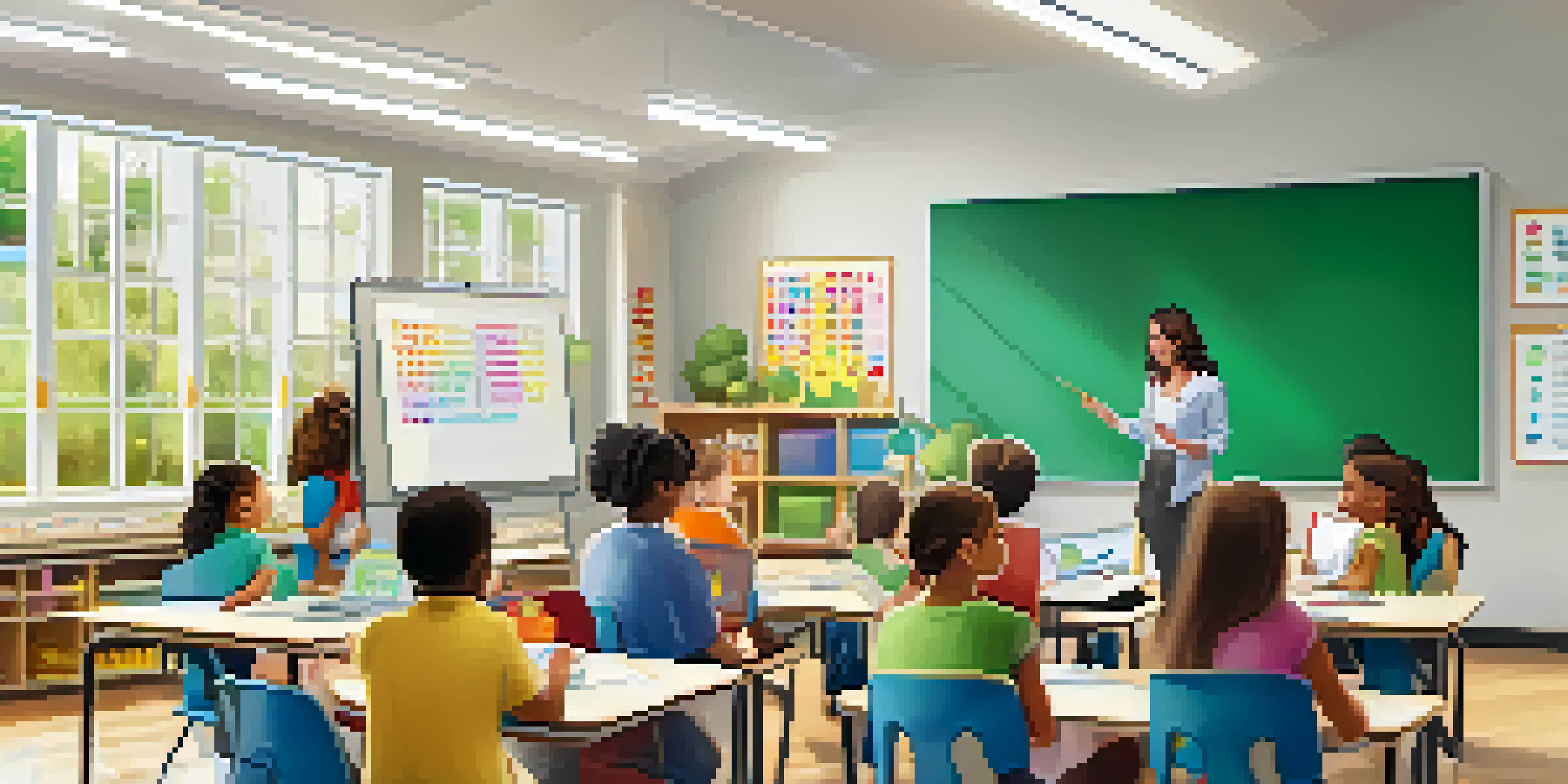 A classroom where a teacher is explaining blended learning to attentive parents, with educational posters and technology present.