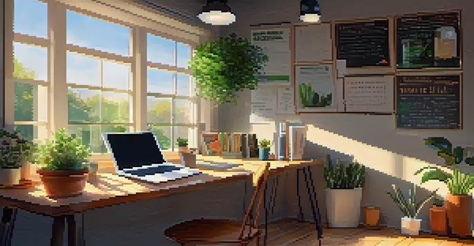 A student studying in a bright, cozy room with a laptop, books, and a cup of coffee, surrounded by motivational quotes and a plant.