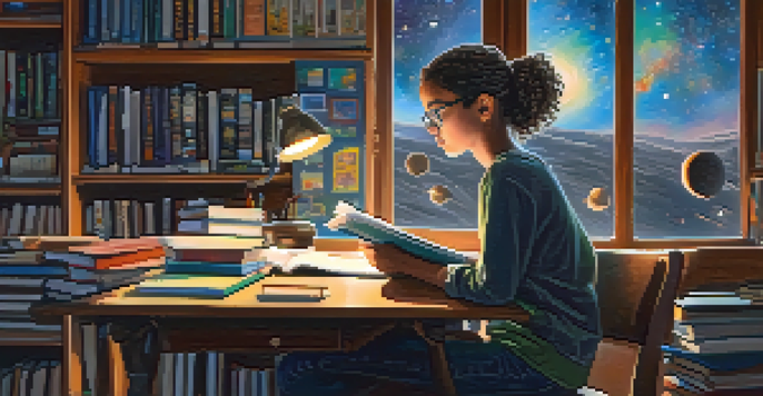 A teenage girl studying at a desk with books and a laptop, engaged in learning about space exploration, with a starry night visible through the window.