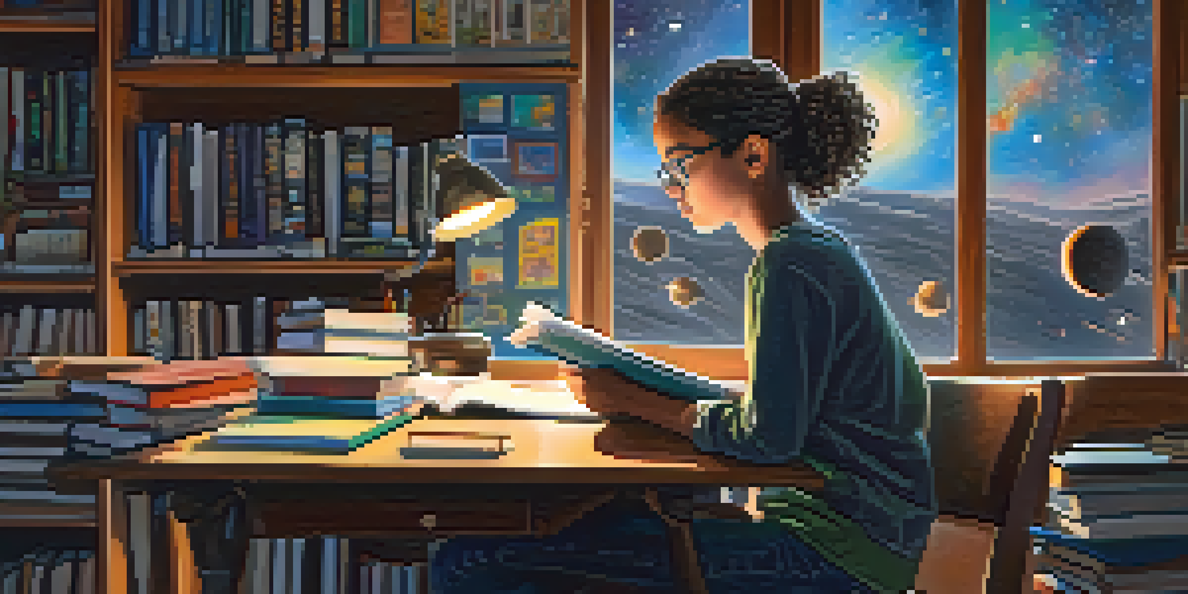 A teenage girl studying at a desk with books and a laptop, engaged in learning about space exploration, with a starry night visible through the window.