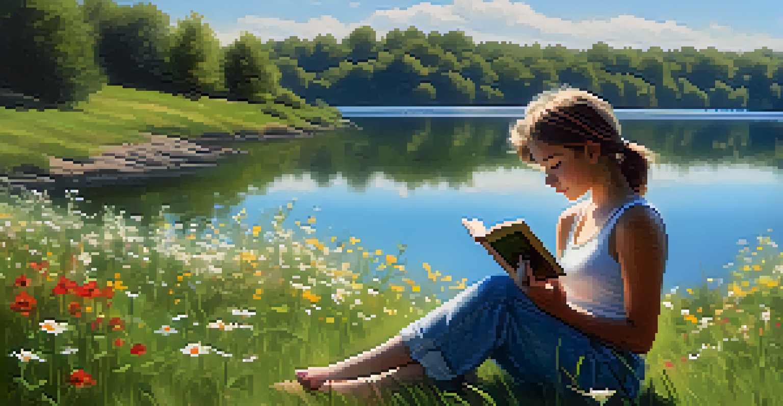 A young person sitting on a grassy hill, reading a book with a lake in the background, surrounded by wildflowers, and a turned-off smartphone beside them.