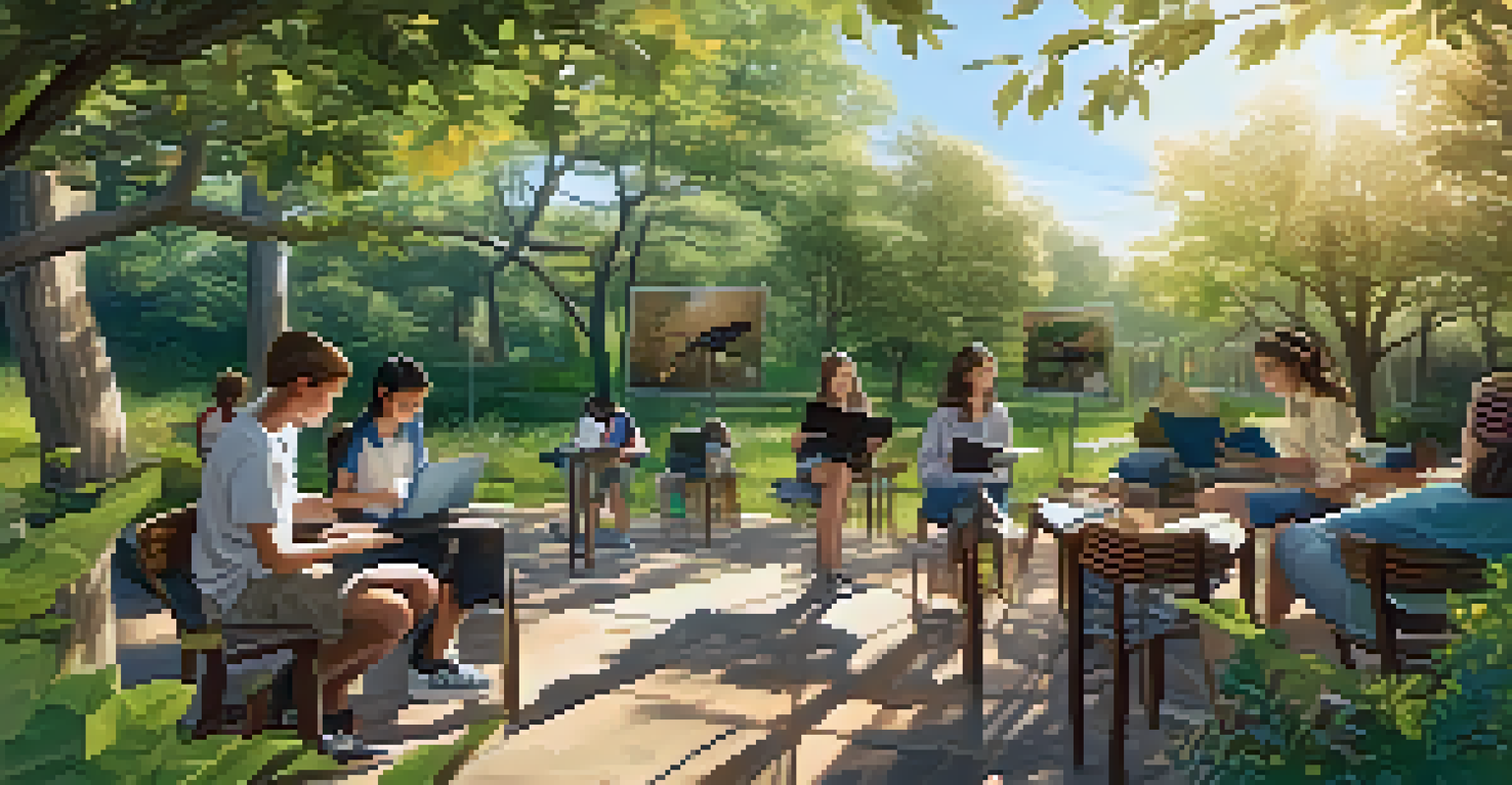 Students outdoors using augmented reality to learn about local wildlife with smartphones in a natural setting.