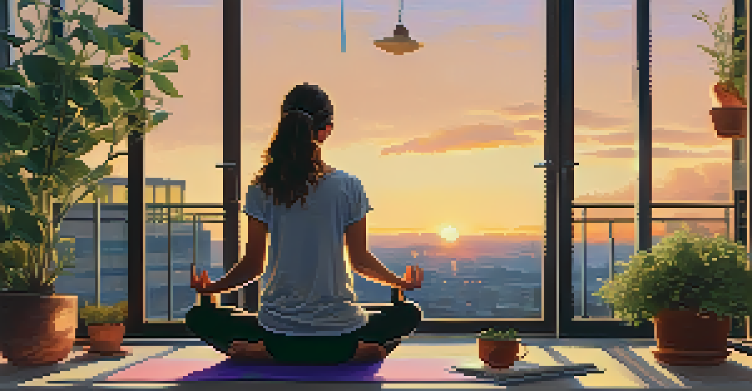 A student practicing yoga on a balcony during sunset, surrounded by plants and soft lighting.