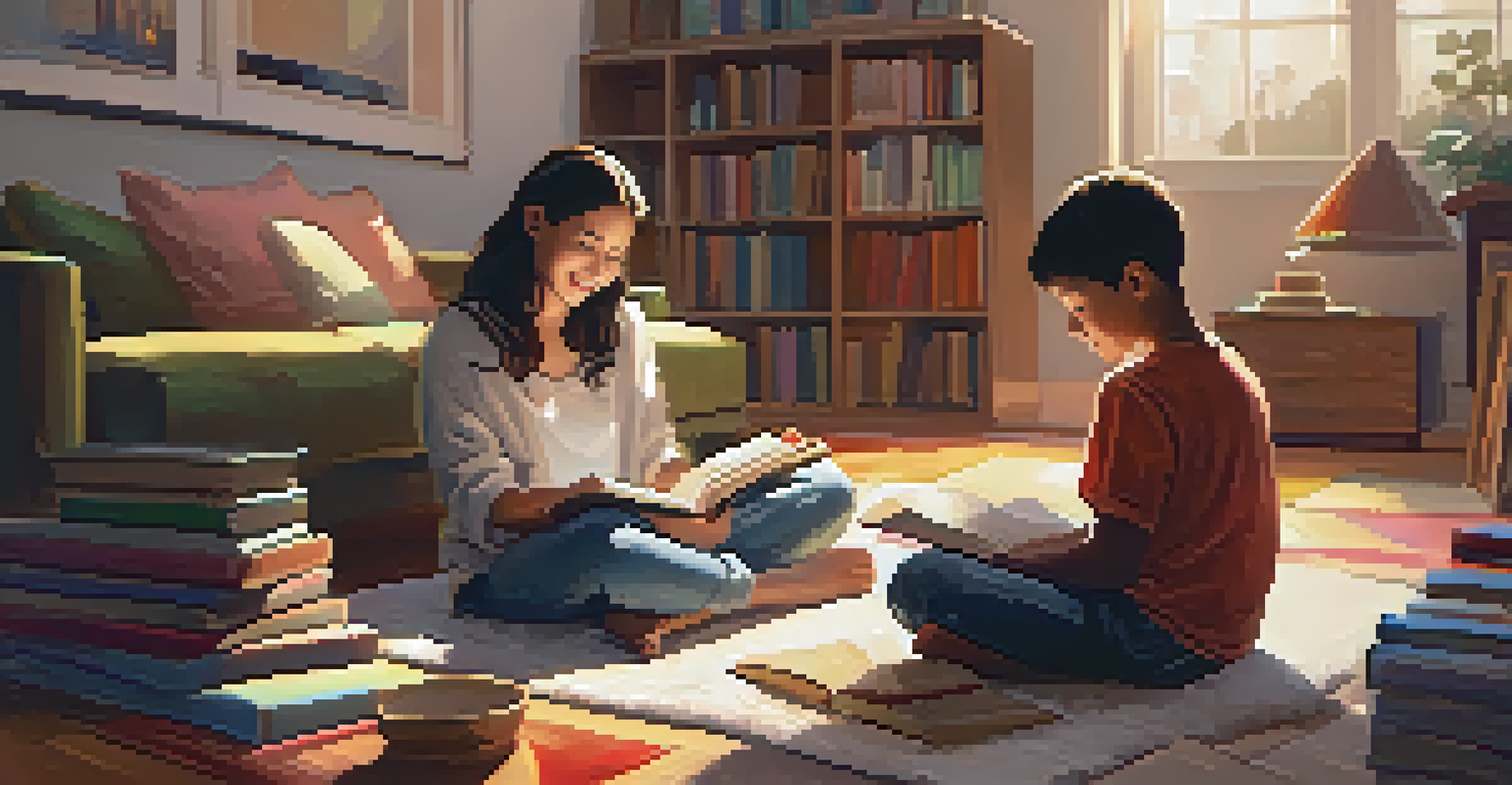 A parent and child enjoying a reading session on a cozy rug, surrounded by books and art supplies in a softly lit room.