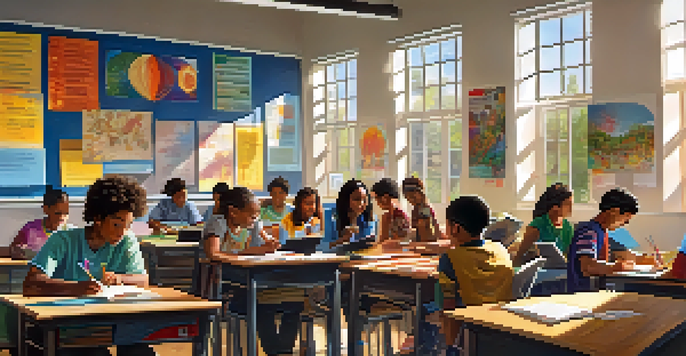 A diverse classroom with students from different cultures engaging in group learning, surrounded by colorful educational materials and sunlight.