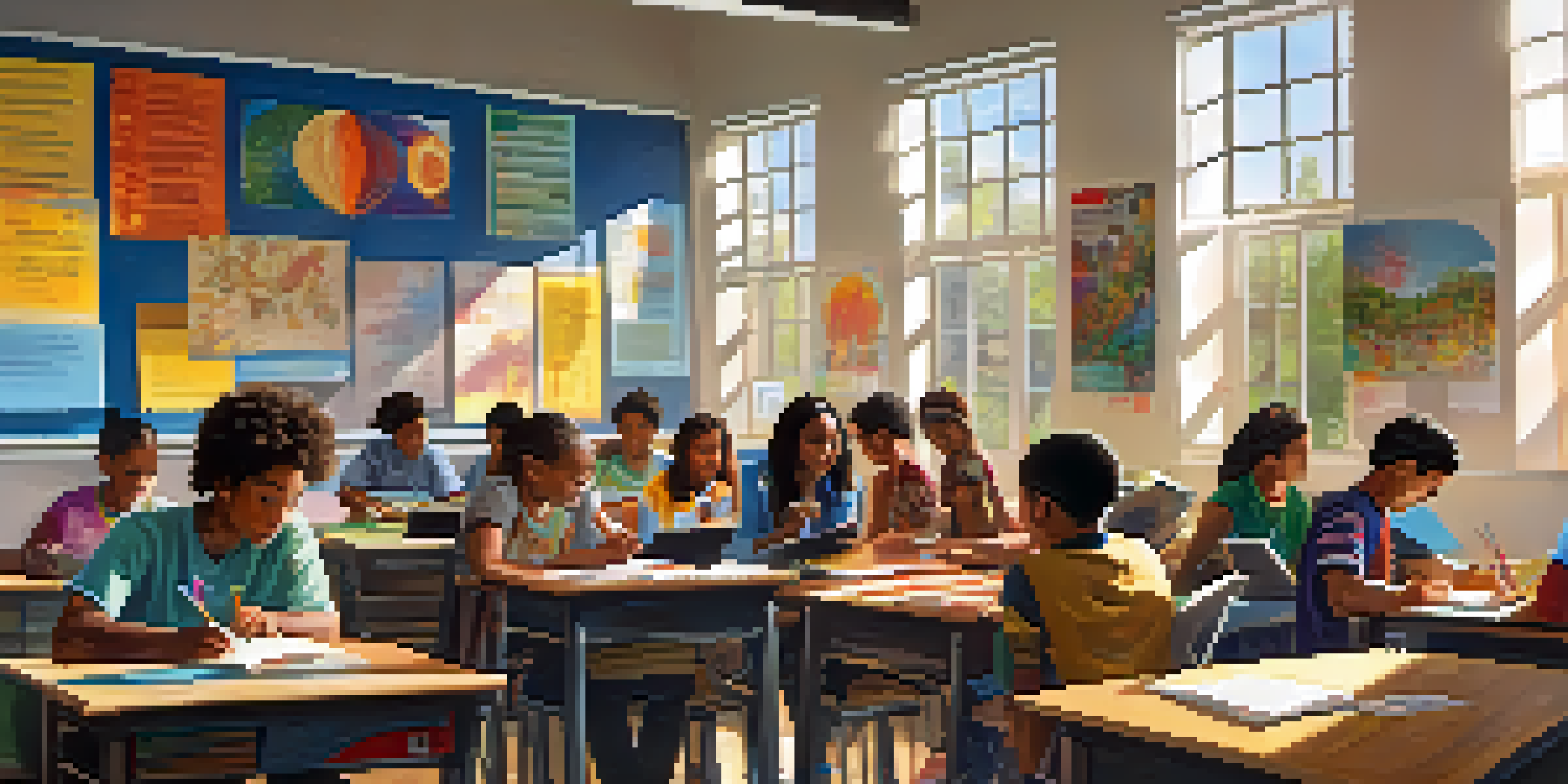 A diverse classroom with students from different cultures engaging in group learning, surrounded by colorful educational materials and sunlight.
