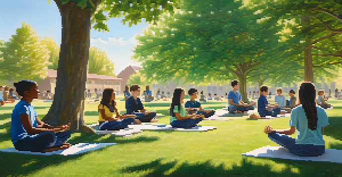 Students practicing mindfulness outdoors in a serene school environment with yoga and meditation.