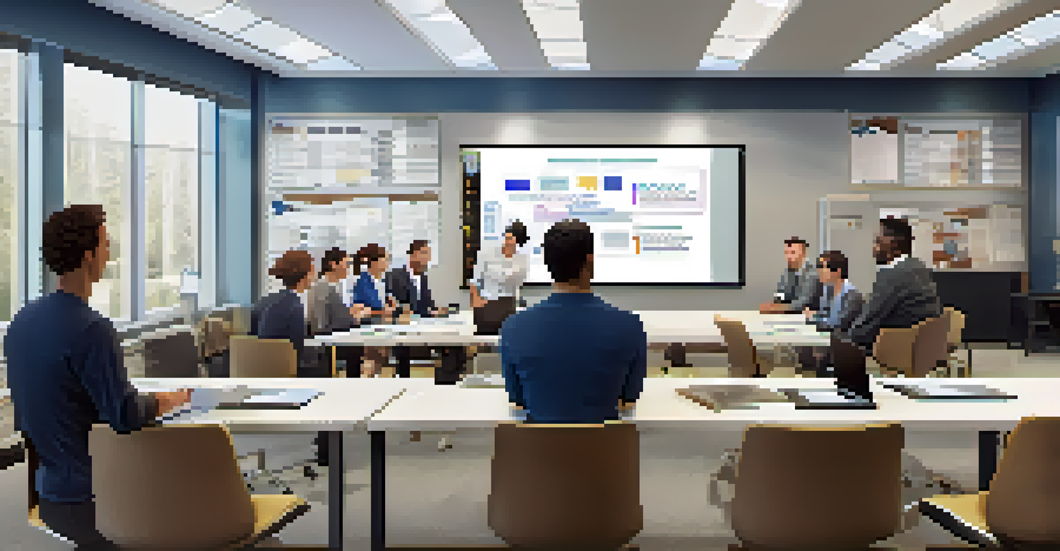 Employees participating in a training session in a modern office setting, with a trainer presenting on a large screen.