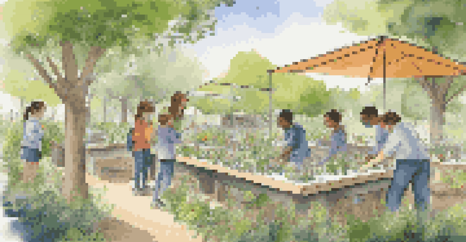 Students outdoors engaged in a science experiment, with a teacher guiding them among greenery and colorful flowers.