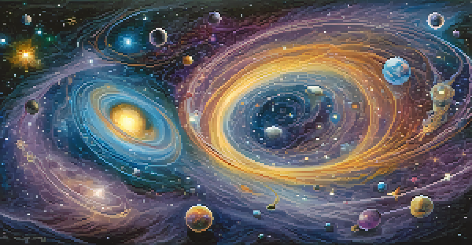 A cosmic scene with galaxies and stars intertwined with DNA strands and scientific symbols, representing the fusion of art and science.