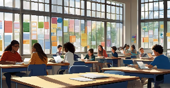 A bright classroom with diverse students working together, using laptops and discussing ideas, showcasing a positive learning environment.