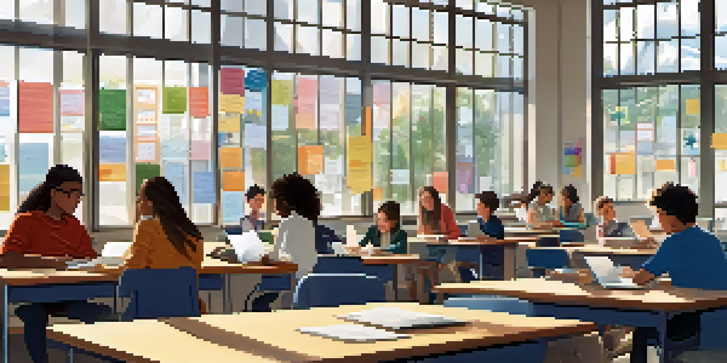 A bright classroom with diverse students working together, using laptops and discussing ideas, showcasing a positive learning environment.