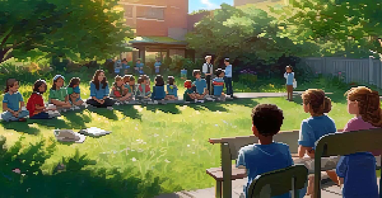Students in an outdoor classroom listening to a teacher in a school garden, surrounded by plants and flowers.