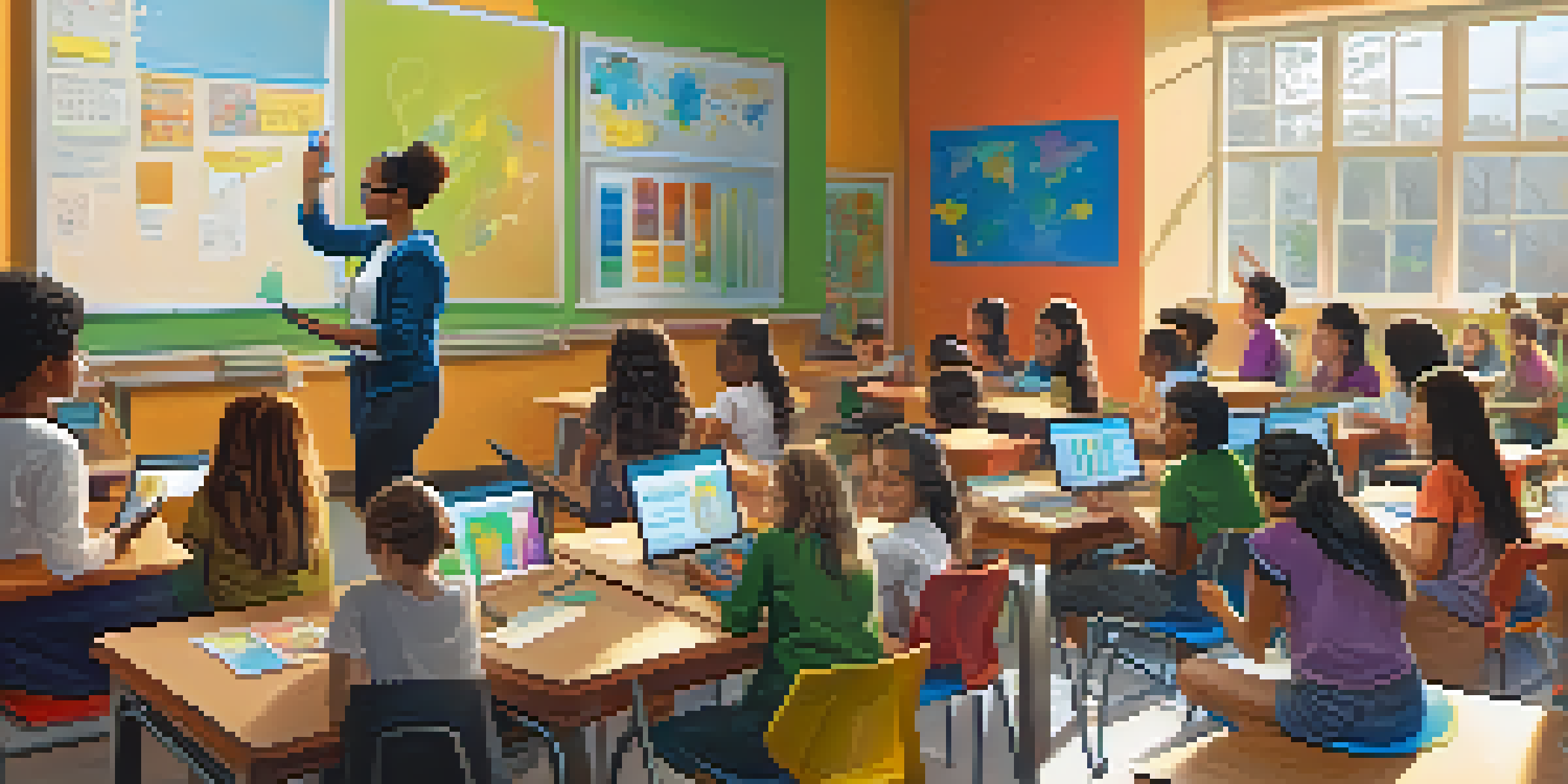 A diverse group of students in a bright classroom using technology for adaptive learning, with a teacher assisting them.
