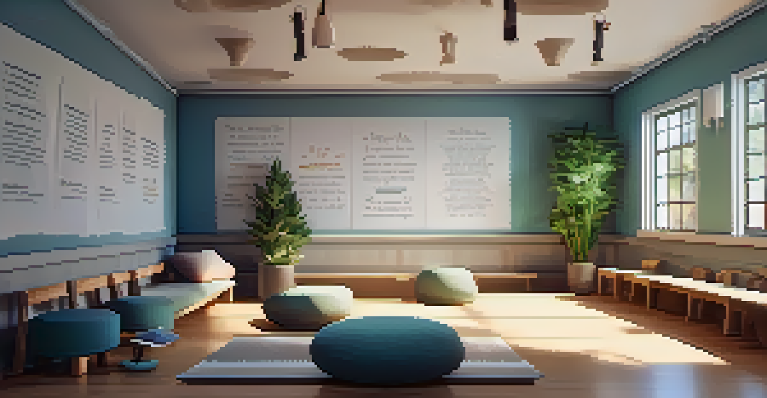 A peaceful mindfulness corner in a school with a teacher practicing deep breathing, surrounded by calming decor and soft lighting.