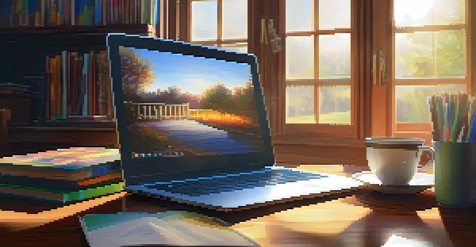 A cozy café setting with an open laptop, books, and a cup of coffee, illuminated by natural sunlight.