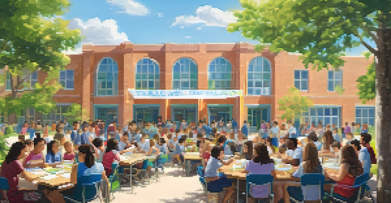 A school community gathering outdoors for a supportive workshop, featuring smiling students, parents, and teachers promoting unity and healing.