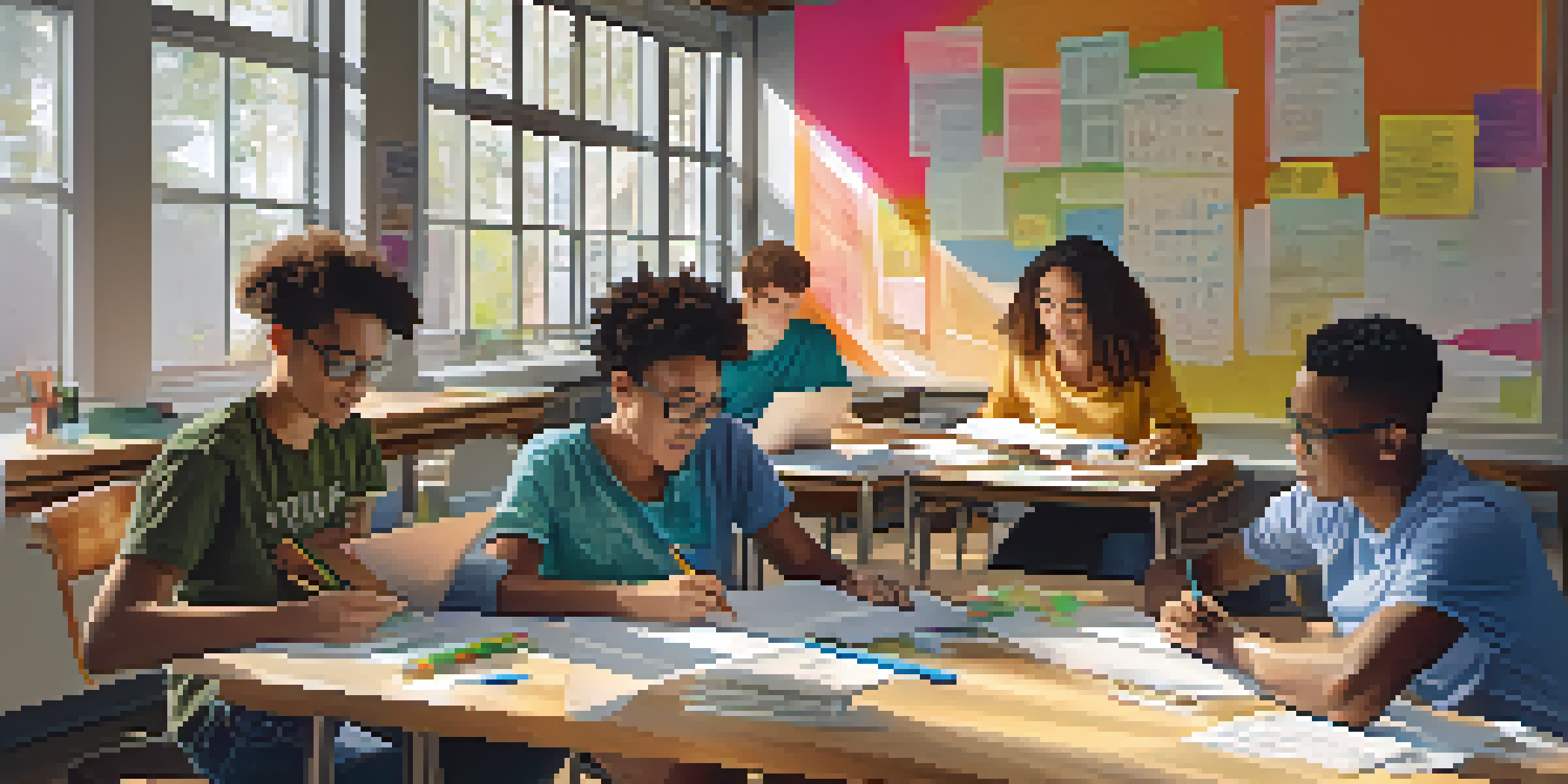 A diverse group of students collaborating on a project at a table filled with study materials, illuminated by natural light.