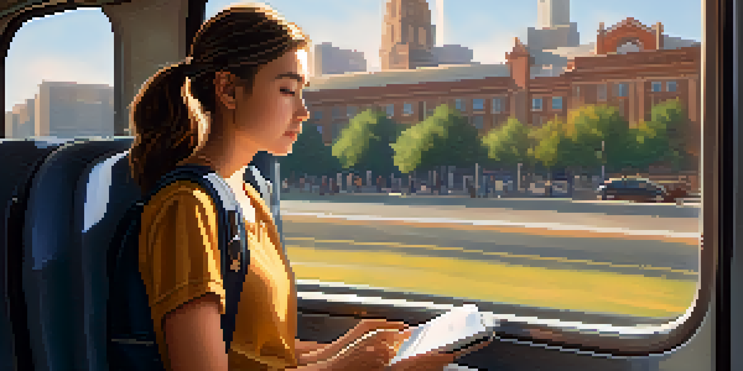 A college student engaged with a smartphone on a bus, reviewing lecture slides with a cityscape visible through the window.