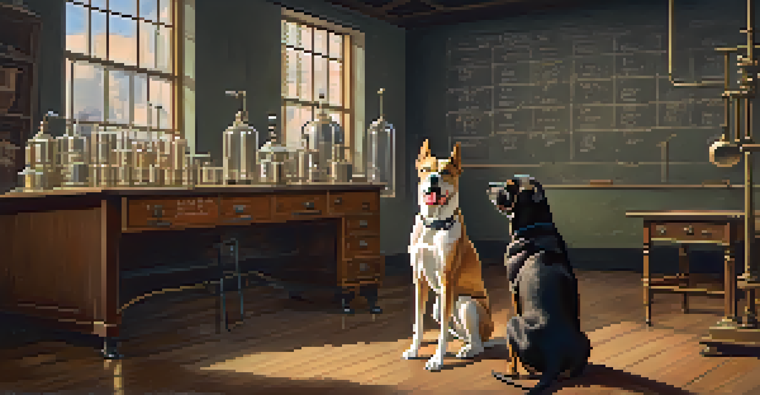 A lab scene depicting a dog next to a bell, illustrating Pavlov's classical conditioning experiment.