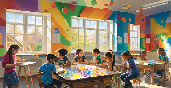 A colorful classroom where children are collaboratively creating a mural, surrounded by their artwork and enjoying the process of artistic expression.