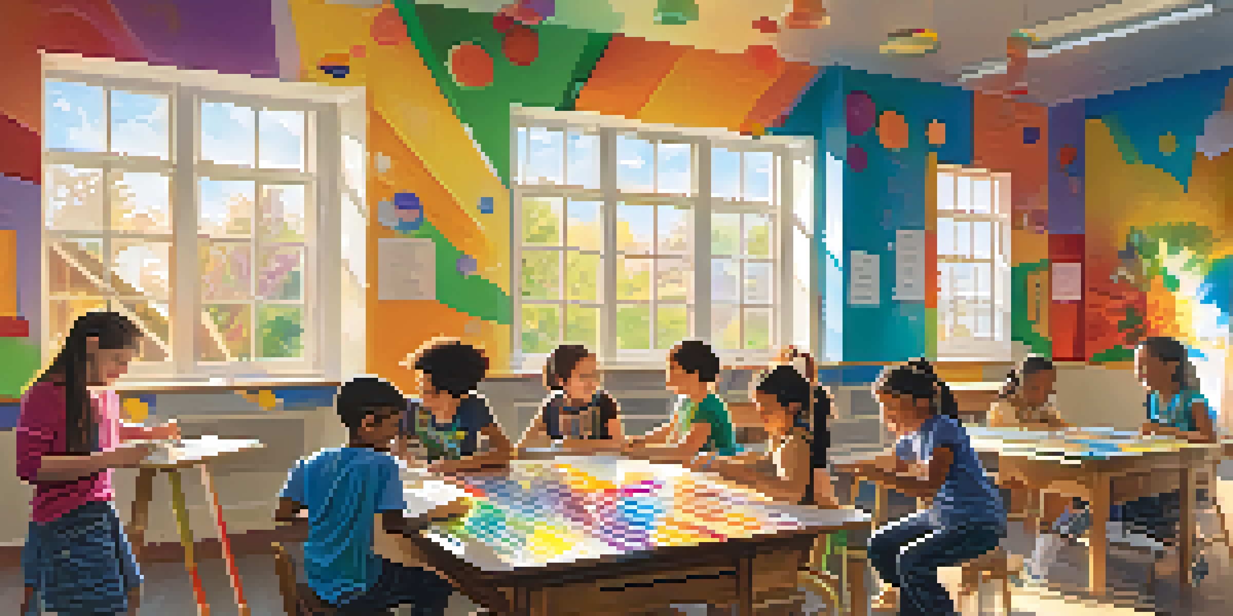 A colorful classroom where children are collaboratively creating a mural, surrounded by their artwork and enjoying the process of artistic expression.