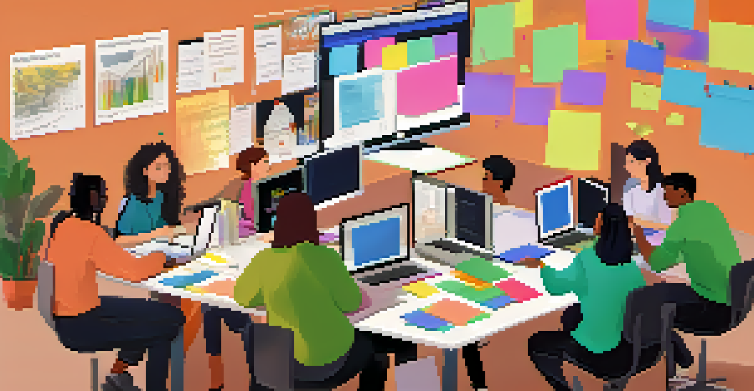 Students collaborating on a digital portfolio project, discussing ideas with laptops and notes around them.