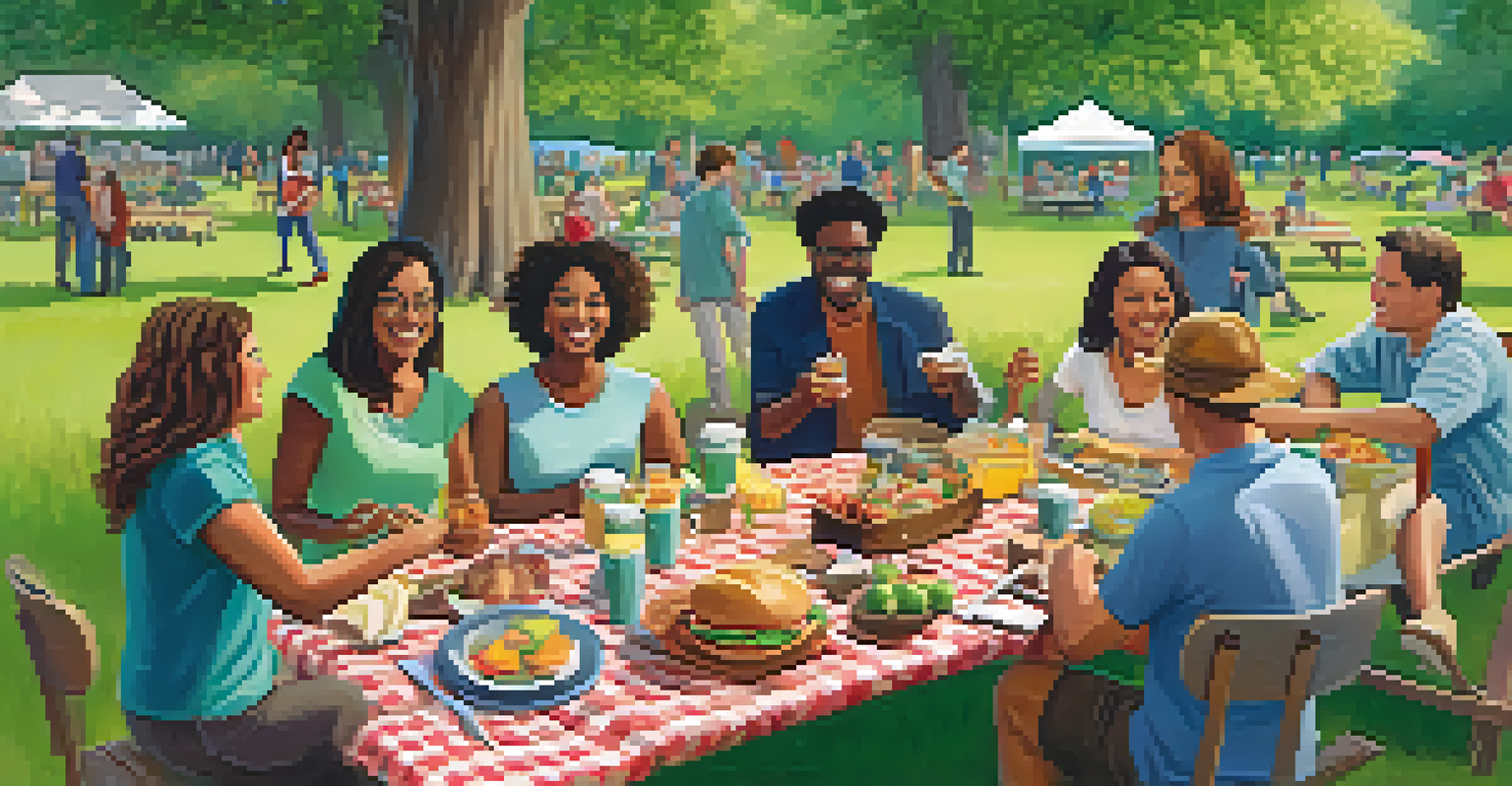 Teachers enjoying a potluck picnic in a park, sharing food and laughter together.