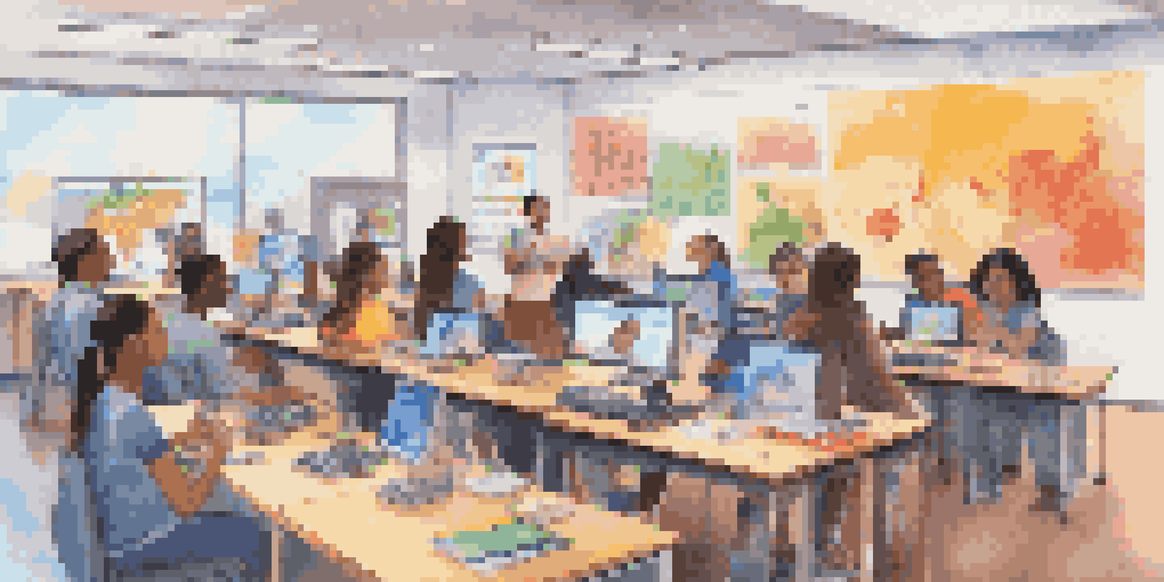 A diverse group of students participating in a virtual classroom, engaging with computers and video calls, with bright lighting and educational posters in the background.