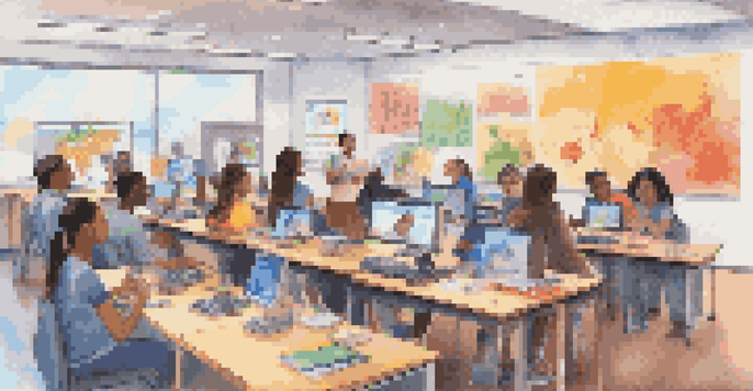A diverse group of students participating in a virtual classroom, engaging with computers and video calls, with bright lighting and educational posters in the background.