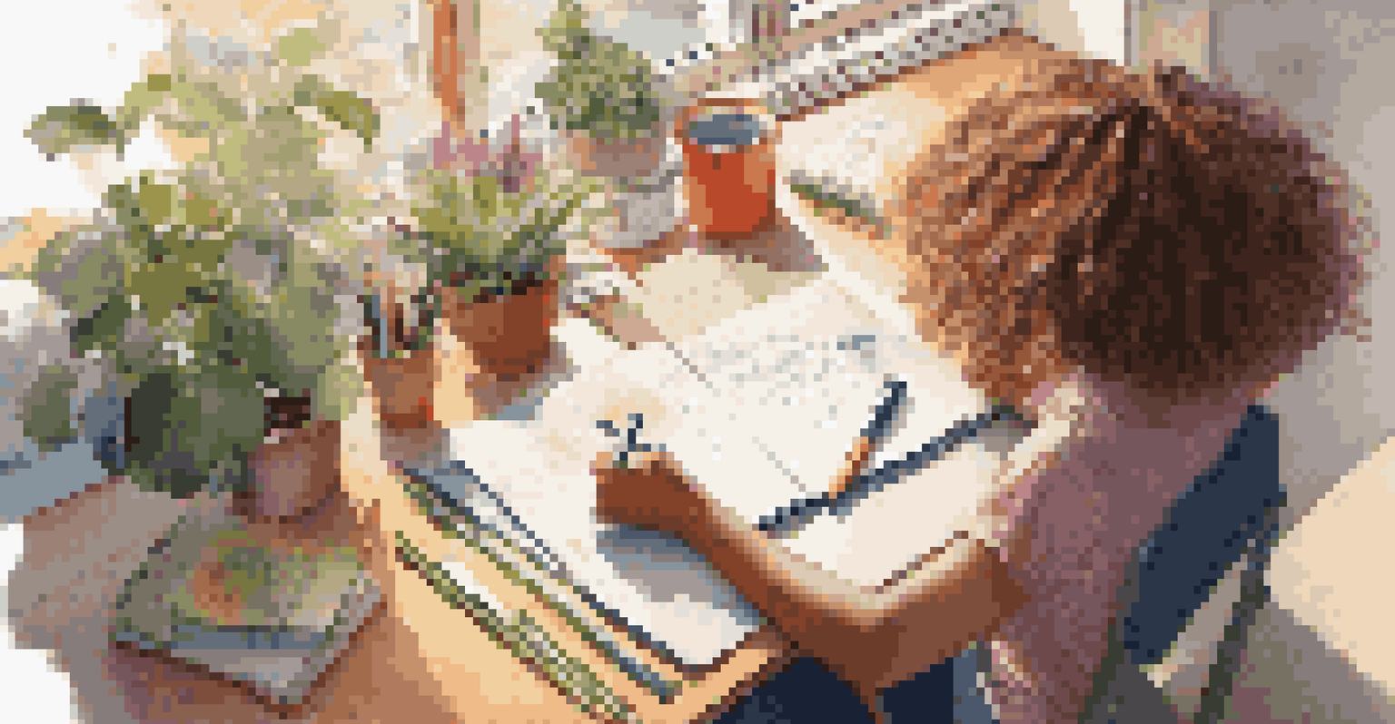 A young girl writing in a thought journal surrounded by colorful stationery at her desk in a sunlit room.