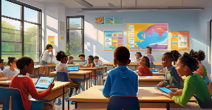 A diverse group of students in a bright, modern classroom engaged with digital devices for assessments, with a teacher guiding them.