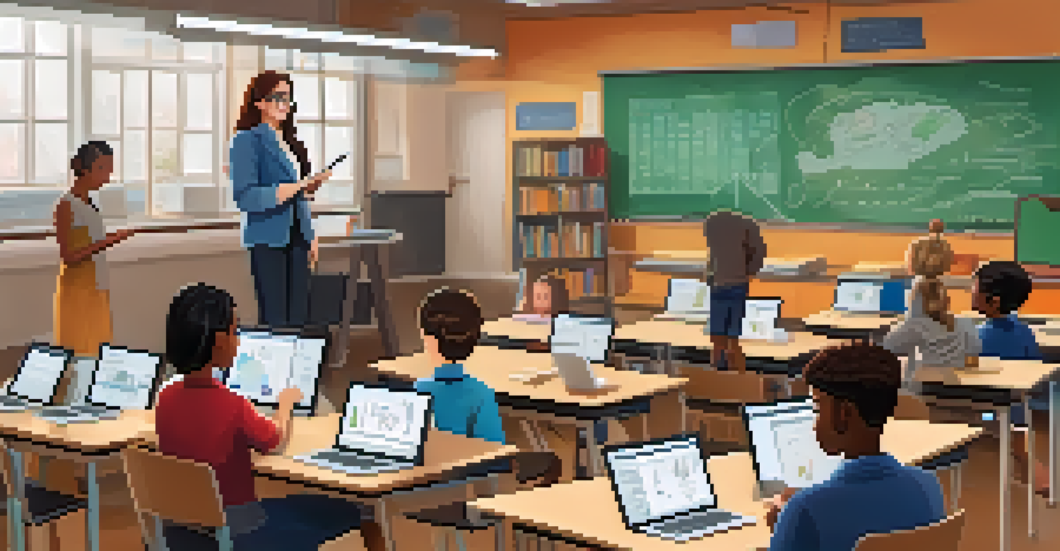 A teacher utilizing AI tools on a tablet in a classroom, with collaborating students in the background and educational materials around.