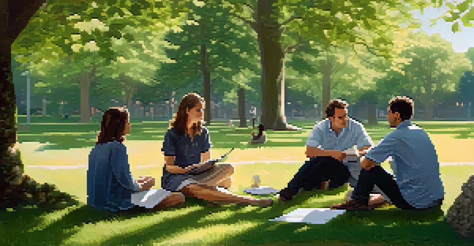 A group of colleagues sitting on grass in a serene outdoor setting, discussing ideas with sunlight filtering through the trees.