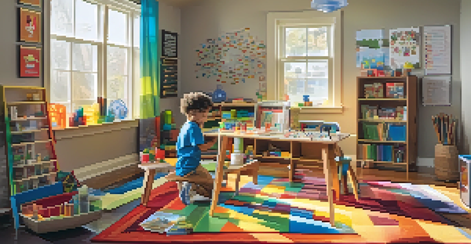 A child happily working on a STEAM project at home, with various educational materials around them, in a bright and inviting room.
