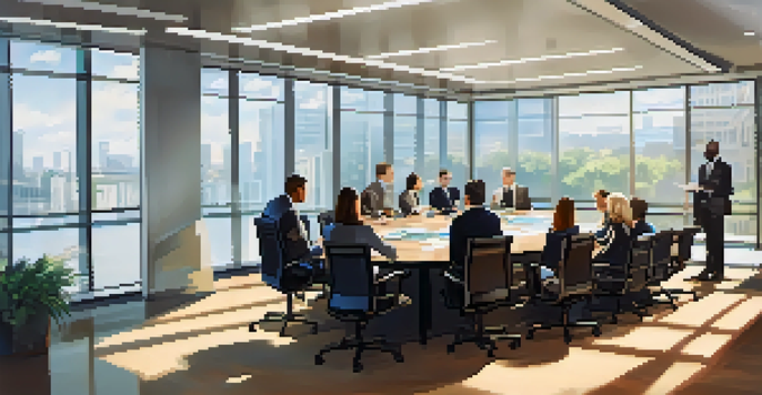A diverse group of professionals in a well-lit office meeting room, engaged in a discussion during a crisis meeting, with charts displayed on a screen.