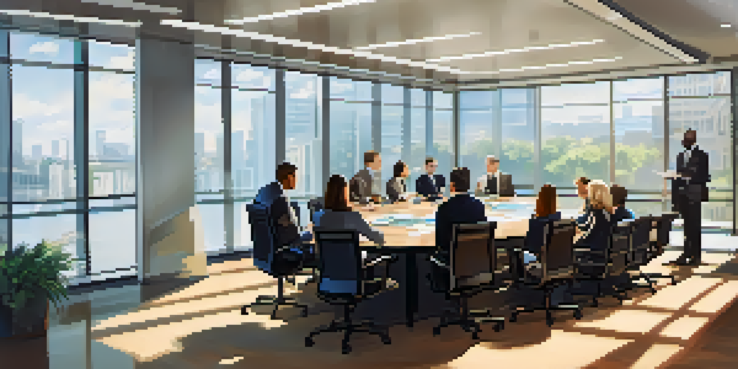 A diverse group of professionals in a well-lit office meeting room, engaged in a discussion during a crisis meeting, with charts displayed on a screen.