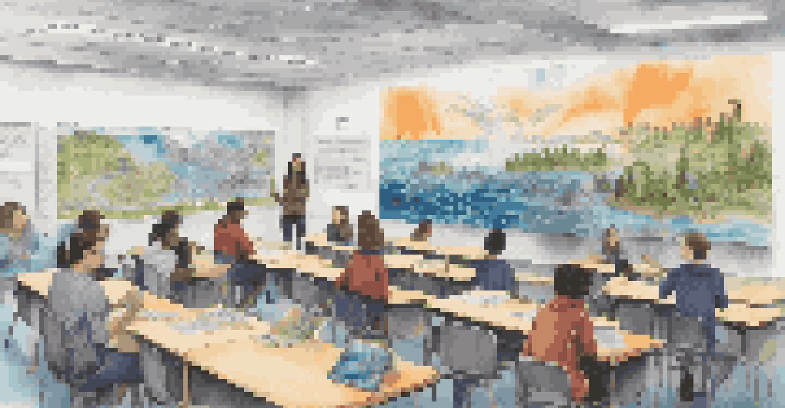 Students painting a mural about climate change in a classroom setting.