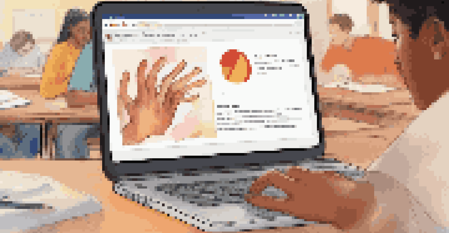 Close-up of a student's hands typing on a laptop with a feedback platform on the screen, set in a vibrant classroom filled with collaborating students.
